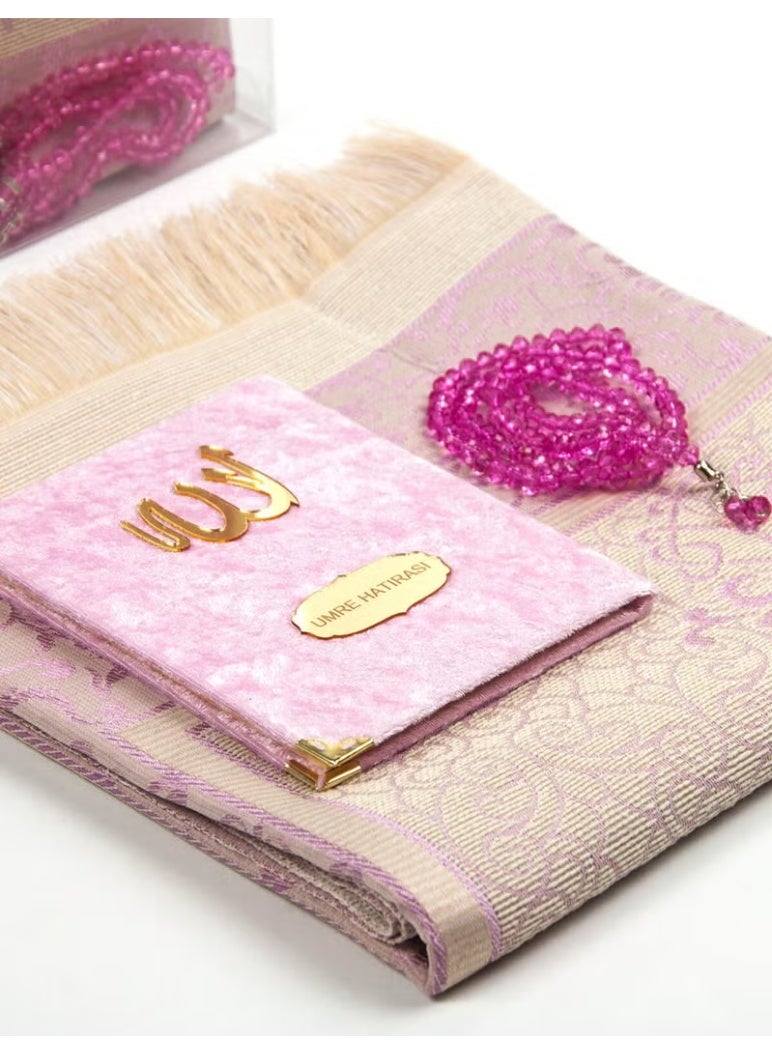 Ihvan Special Velvet Covered Book of Yasin - Bag Size - With Personalized Plate - Prayer Mat - With Prayer Beads - Boxed - Pink Color - Image 2